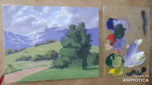 a painting of a mountain landscape is being made in animatica