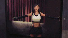 a video game character is standing in front of a door with her arms outstretched .