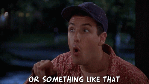 a man in a baseball cap is pointing at something that says or something like that
