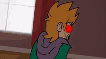 a cartoon character with a red eye is standing in a room .