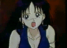 a pixelated image of a girl with a backpack making a face