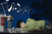 a man is laying on a table with music notes coming out of the ceiling