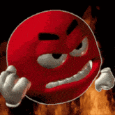 a red smiley face with a very angry look on it 's face