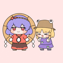 a drawing of a girl with purple hair and a frog on her outfit