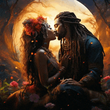 a painting of a man and woman kissing in front of a full moon