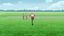 a girl is running on a grassy field with a horse behind her .