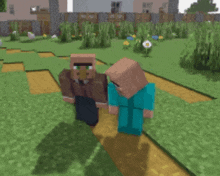 two minecraft characters are standing next to each other on a dirt path