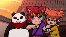 a panda bear is standing next to two girls