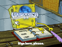 a cartoon of spongebob holding a book that says visionary