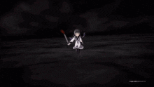a girl with glasses is holding a sword