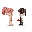 a boy and a girl are holding hands and a boy is giving a girl a rose .