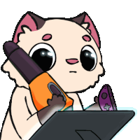 a cartoon cat is holding a pen and a remote control