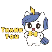 a cartoon unicorn says thank you with a bow tie