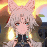 a close up of a cartoon character with a fox ear