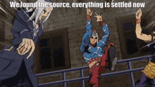 a cartoon of a man jumping over a fence with the caption we found the source everything is settled now .