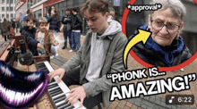 a young man is playing a piano in front of an older woman who says phonik is amazing