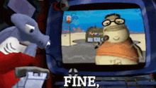 a shark and a turtle are watching a cartoon on a television and the shark says fine