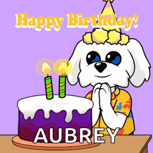 a cartoon dog with a birthday cake and the name aubrey on it