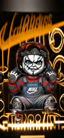 a chucky doll is wearing a nike shirt and overalls