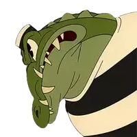 a cartoon drawing of a crocodile with a striped shirt