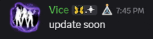 a purple circle with the words vice and update soon below it