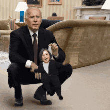 a man in a suit and tie is kneeling down holding a puppet