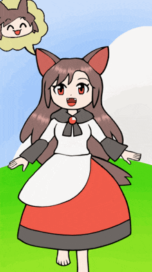 a drawing of a girl in a red and white dress with a speech bubble above her head
