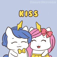 a couple of unicorns standing next to each other with the word kiss written above them