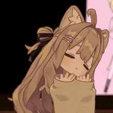a cartoon girl with cat ears is sleeping with her eyes closed .