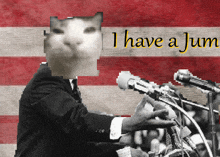 a man speaking into a microphone with the words i have a jum in the background