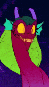 a cartoon drawing of a dragon with yellow eyes