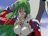 a cartoon character with green hair and purple arms