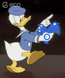 a cartoon of donald duck holding a fan of money and pointing