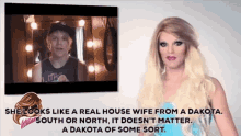 a woman in a blue dress says she looks like a real house wife from a dakota south or north
