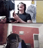 a man wearing headphones is talking on a video call with another man