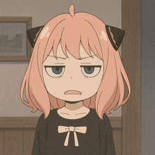 a girl with pink hair and a black shirt has a bow on her neck