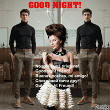 a woman in a white dress is standing in front of two men in black turtlenecks and says good night