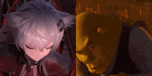 shrek and a girl with white hair are next to each other in a dark room