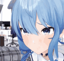 a close up of a blue haired anime girl with the words imgplay below