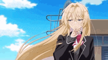 a blonde anime girl with long hair is wearing a black suit and tie