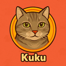 a cartoon drawing of a cat with kuku written underneath it