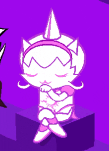 a cartoon character is sitting on a purple block with her eyes closed