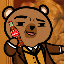 a cartoon bear in a suit holds a bottle of best cola