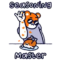 a cartoon of a bear with a chicken and the words seasoning master below it
