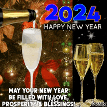 a bottle of champagne is being poured into a glass with the year 2024 written on it