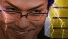 a close up of a man wearing glasses with lightning coming out of his face .
