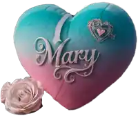 a blue and pink heart shaped pillow with the name mary on it