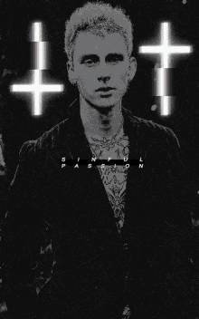 a black and white photo of a man with the words sinful passion written on the bottom