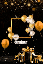 a birthday greeting card for omkar with balloons and gifts