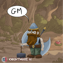 a cartoon of a bearded gnome with a speech bubble that says " gm "